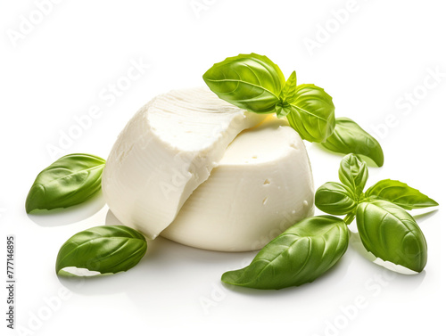 Realistic photo of mozzarella cheese with basil leaf and pesto isolated on white background   reated with Generative Ai