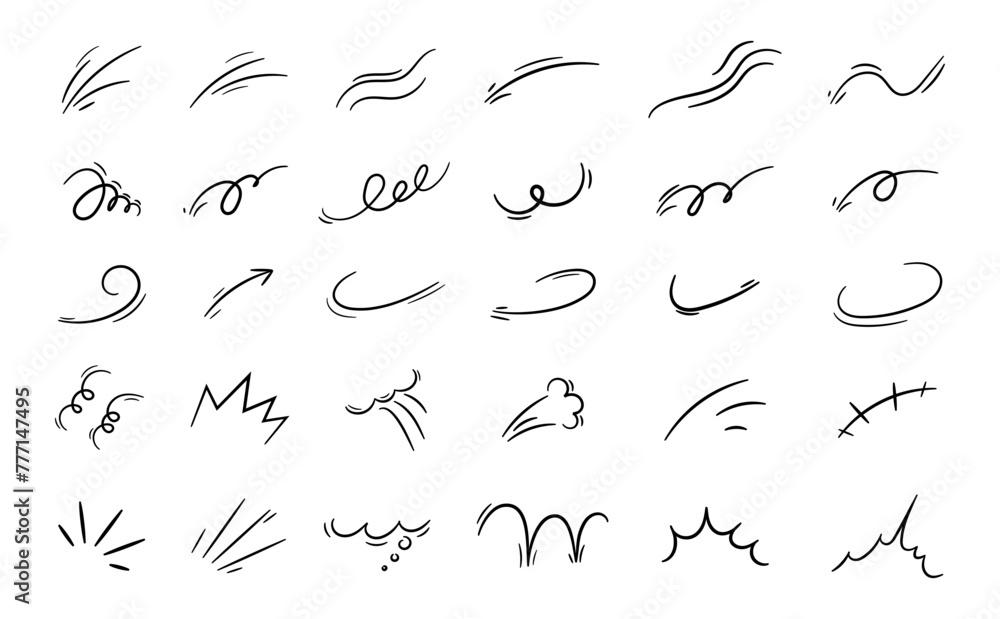 Expression and movement elements. Hand drawn emotion line, effects. Abstract hitting, jumping animation. Doodle curves, swirl, shape, motion. Vector set