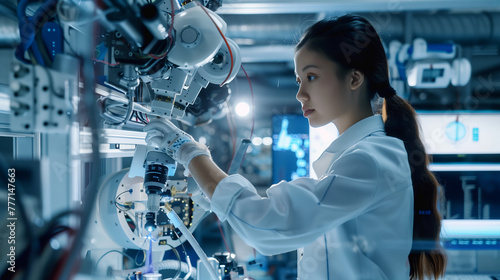 Engineer Programming Robotics and Automation Systems. A focused female engineer programs and interacts with a robotic arm in a high-tech industrial setting, signifying innovation in automation.
