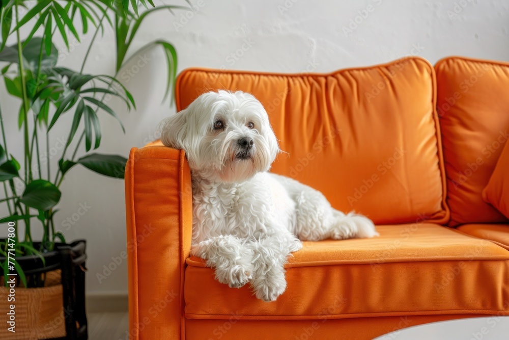 Home Sweet Home: A Fluffy White Dog Relishing Comfort on a Sofa - Generative AI