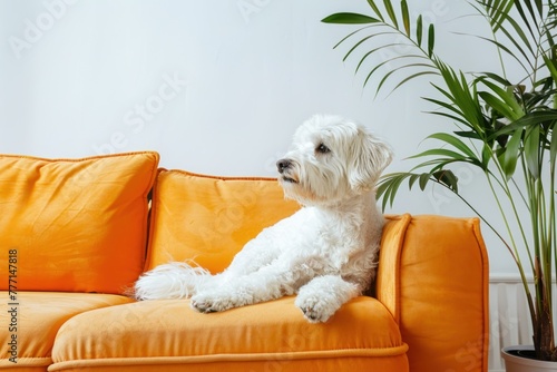 Home Sweet Home: A Fluffy White Dog Relishing Comfort on a Sofa - Generative AI
