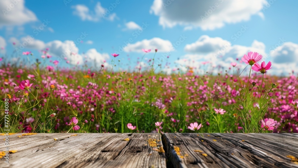 Rustic Wooden Table Amidst a Blooming Cosmos Flower Field in Spring Generative AI. Rustic Wooden Table Amidst a Blooming Cosmos Flower Field in Spring Generative AI.