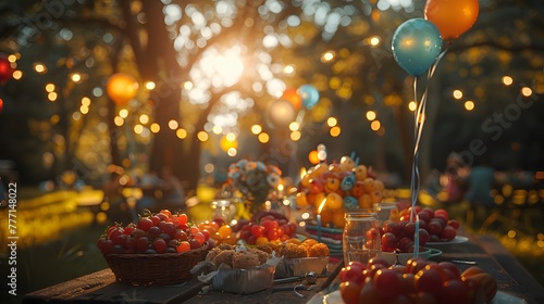 birthday scene with a table set for a picnic in the park  adorned with balloons and streamers  inviting guests to enjoy a day of fun and celebration  in breathtaking 16k realism.