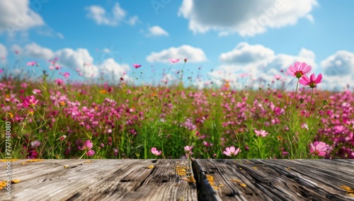 Rustic Wooden Table Amidst a Blooming Cosmos Flower Field in Spring Generative AI.