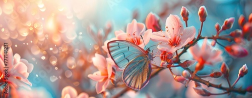 Butterfly Alights on Spring Blooms in a Dance of Pink and Blue Generative AI.