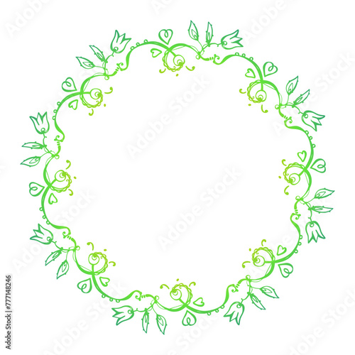 Green spring vector decorative wreath. Doodle.