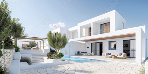 Modern white cubic villa with blue accents
