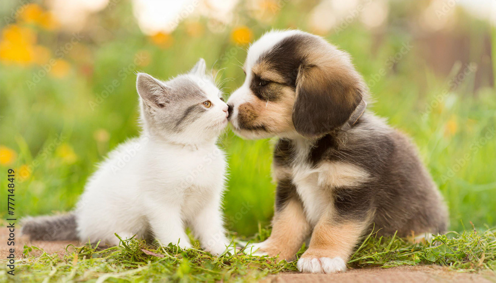 Little tabby kitten playing with little puppy