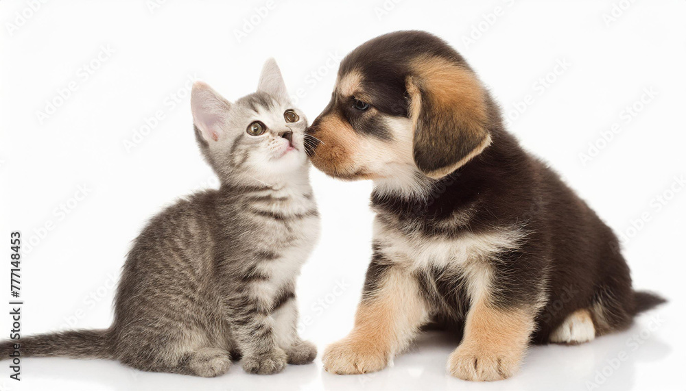 Little tabby kitten playing with little puppy