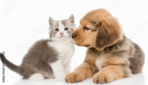 Little tabby kitten playing with little puppy