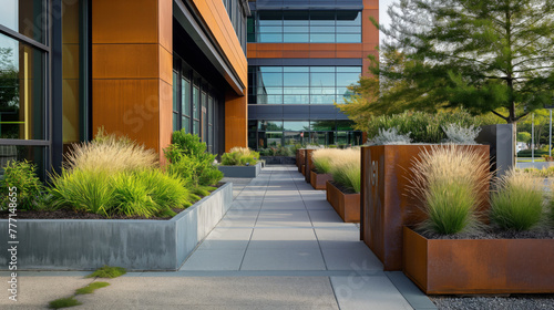 Modern office building exterior with landscaped pathway