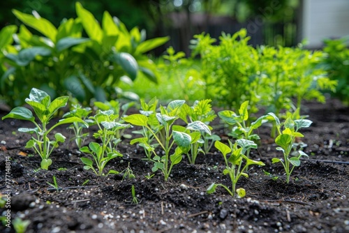 Freshly planted vegetable seedlings in the garden soil with a blurred background of green plants