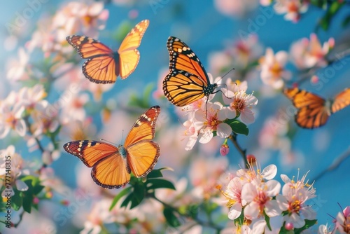 Orange butterflies on a blossoming tree branch with a bright blue sky in the background