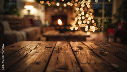 Warm Festive Glow: Cozy Home Atmosphere with Fireplace and Christmas Lights Generative AI. © Gelpi