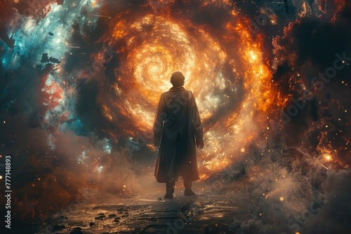 Man standing alone in front of fiery portal with bright light and colorful smoke