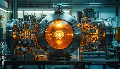 Analysis of the futuristic glowing orange sphere in the scientific laboratory instrument.