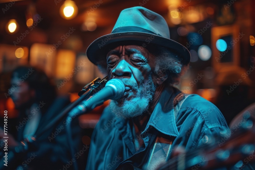 Elderly blues musician sings and plays guitar under blue lights at music festival
