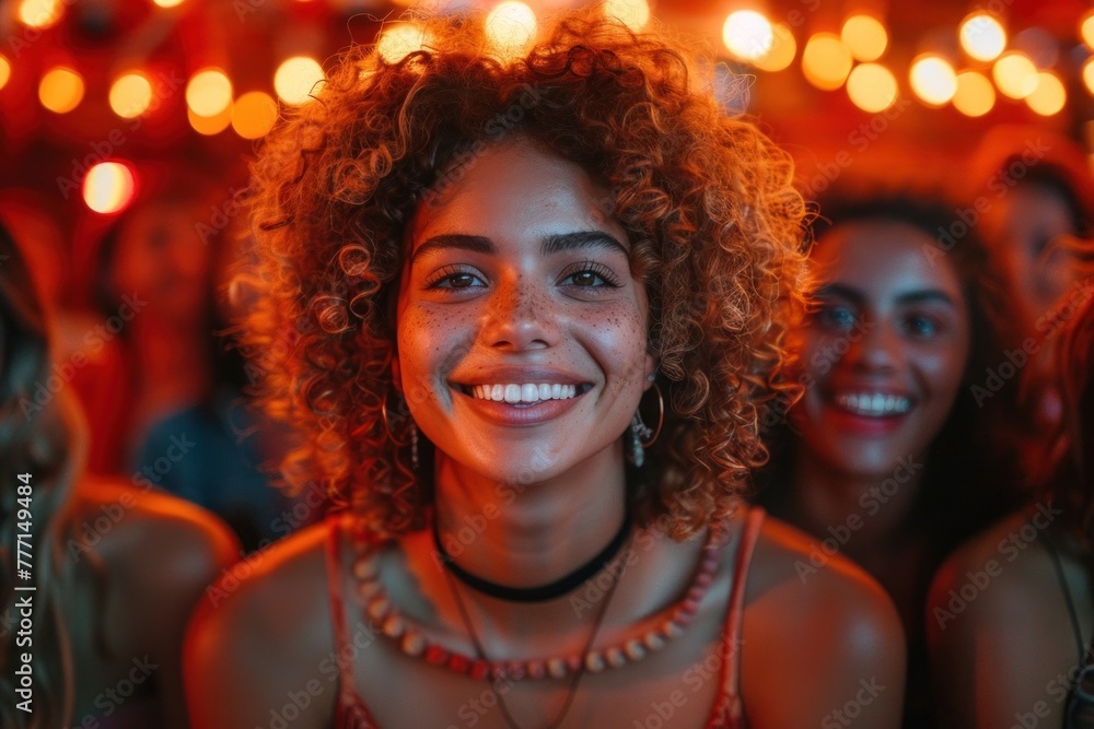 Young woman with curly hair enjoying live music at a vibrant concert event