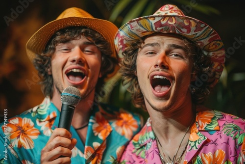 Musicians in colorful shirts perform at a tropical bar under spotlights, singing into a microphone