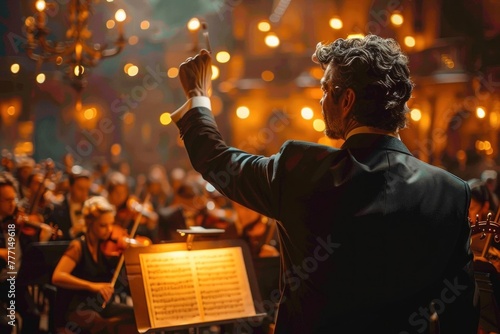 Conductor in tux leading symphony orchestra with baton, in warm candlelight, captivating audience. photo