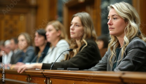 Elegant businesswomen in suits sit in a row at a conference table