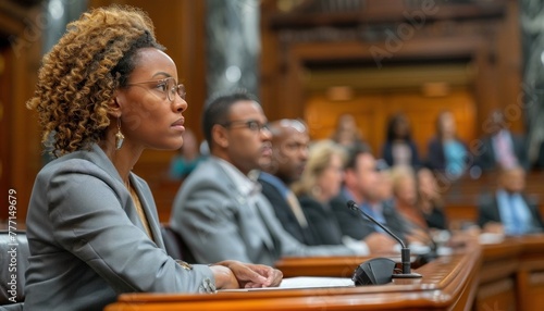 African American Female Politician Listening Attentively at Government Session photo