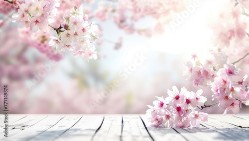 Delicate Cherry Blossoms Over White Wooden Table Welcoming Spring Generative AI.