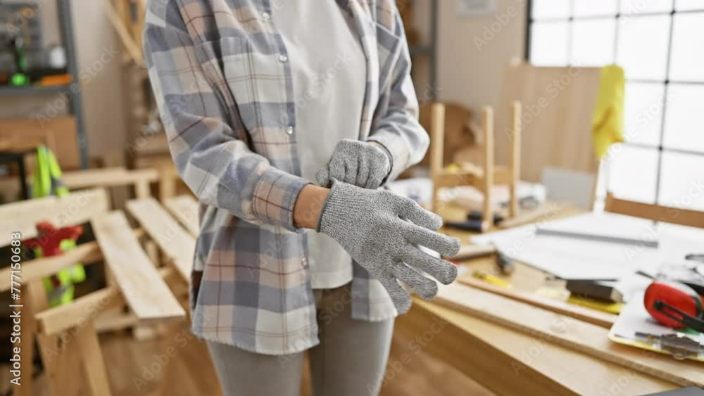 A woman puts on safety gloves in a woodworking workshop, symbolizing diy, craftsmanship, and safety. A woman puts on safety gloves in a woodworking workshop, symbolizing diy, craftsmanship, and safety.