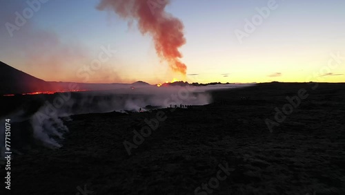 Aerial video of a volcanic eruption, lava and rivers, Litli Harut, Iceland photo