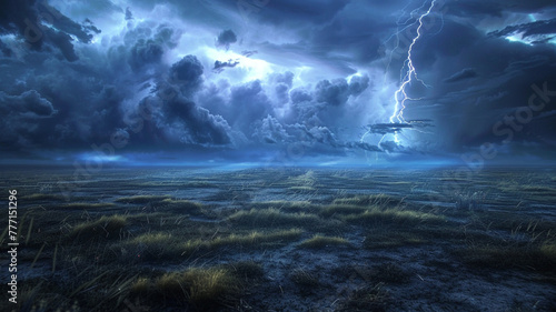 Dramatic thunderstorm with lightning striking over a vast open plain.