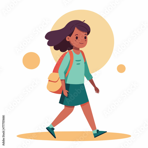 Vibrant morning as a beautiful student girl strides confidently to school, sunlight casting a warm glow on her, with her backpack slung over her shoulder