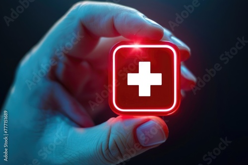 Hand pressing virtual button with first aid sign