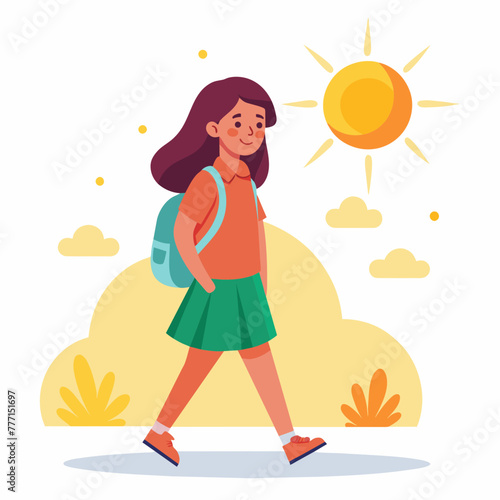 Vibrant morning as a beautiful student girl strides confidently to school, sunlight casting a warm glow on her, with her backpack slung over her shoulder