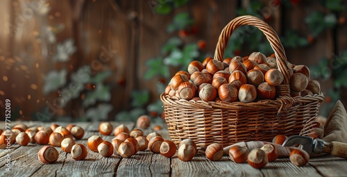 Harvest of Fresh Hazelnuts in a Woven Basket Generative AI