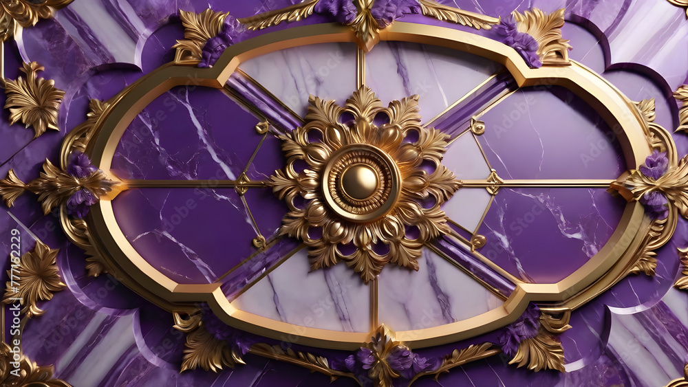 a luxurious mandala with a flower. voluminous purple purple gold marble , 3d wallpaper tile for the ceiling. mock up