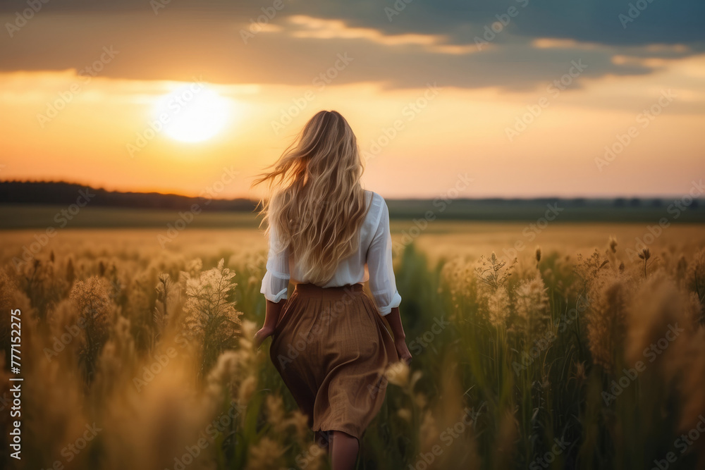Beautiful blond woman walking in field view from behind. Back view of blond woman in field. Woman walking in wheat back view. Blond woman field sunset.