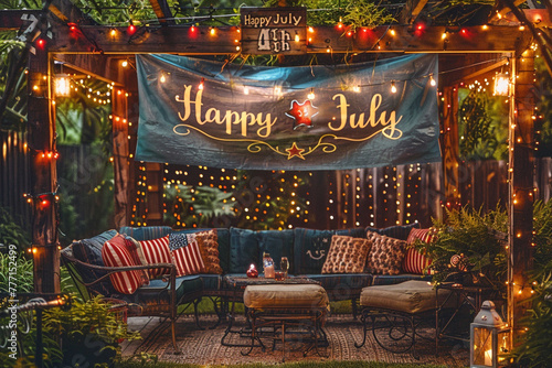 A festively decorated backyard features a large 