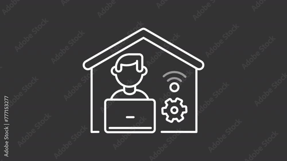 Remote work white line animation. Working from home animated icon. Gear rotating, head shaking. Online employment. Isolated illustration on dark background. Transition alpha video. Motion graphic Remote work white line animation. Working from home animated icon. Gear rotating, head shaking. Online employment. Isolated illustration on dark background. Transition alpha video. Motion graphic