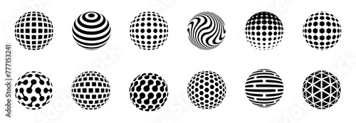 Dotted halftone 3D sphere. Striped and checkered spheres with triangle, hexagon and circle particles, halftone balls. Halftone gradient texture on globe vector orb set