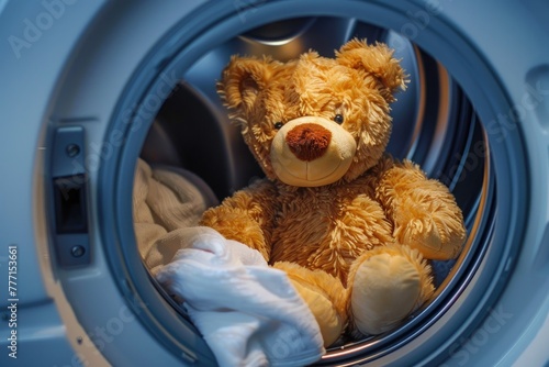 Teddy bear toy sitting in washing machine, children's toy cleaning, home cleaning and hygiene, laundry service, dry cleaners advertising, children's health, home cleaning products advertising