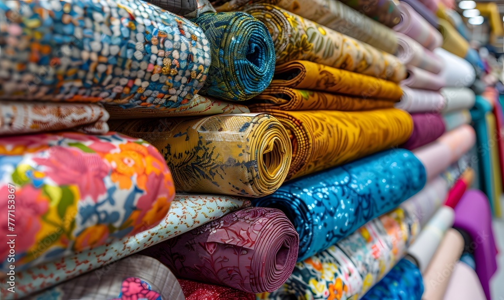 Assorted textiles rolls on display in fabric store, Generative AI Assorted textiles rolls on display in fabric store, Generative AI