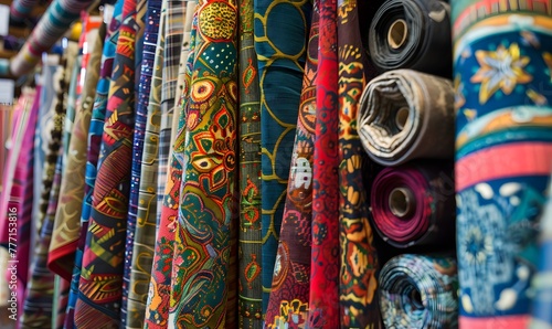 Assorted textiles rolls on display in fabric store, Generative AI