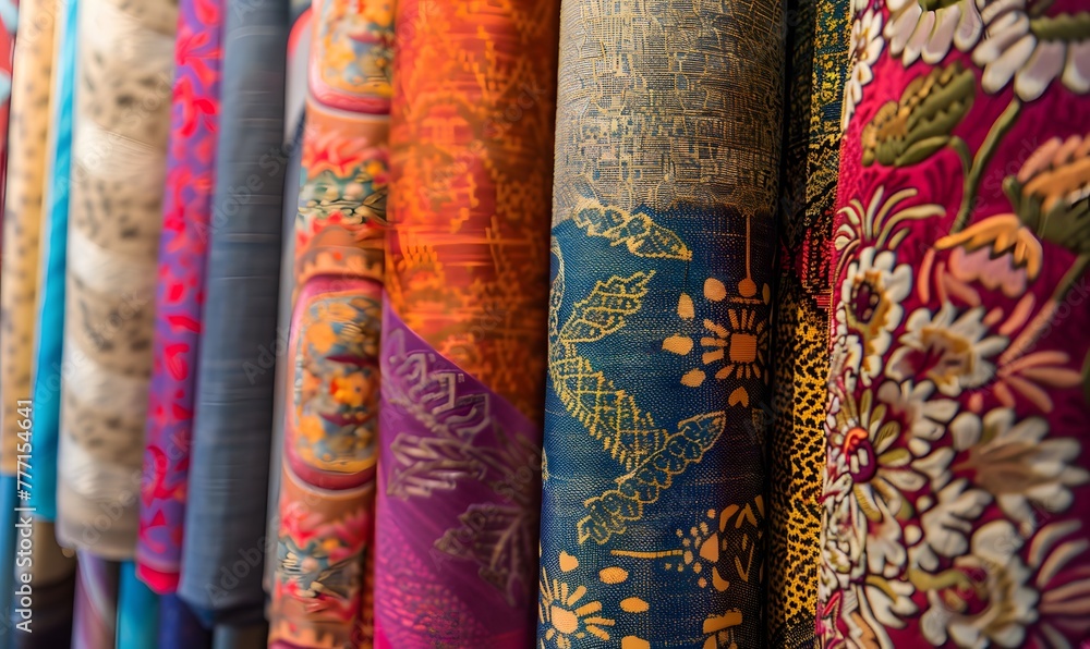 Assorted textiles rolls on display in fabric store, Generative AI Assorted textiles rolls on display in fabric store, Generative AI