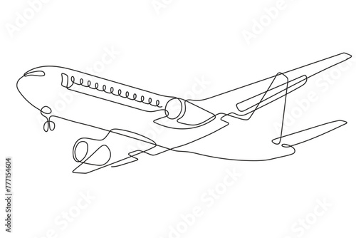 A passenger plane flies in the sky. One line drawing. Continuous line without break.