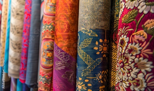 Assorted textiles rolls on display in fabric store, Generative AI