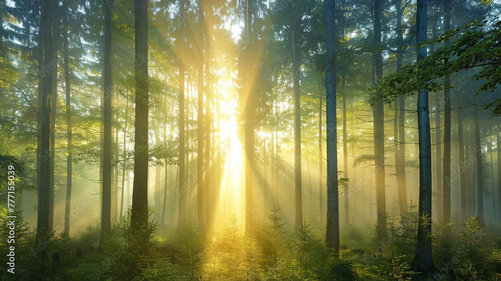 Enchanting foggy forest with sunrays piercing through the tall trees.