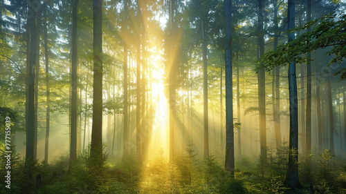 Enchanting foggy forest with sunrays piercing through the tall trees. © CREATER CENTER