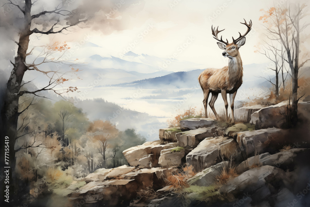 Watercolor image of a deer standing on a cliff.