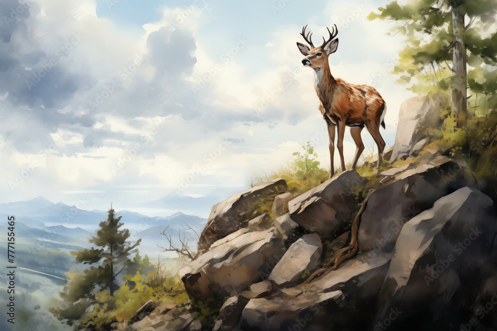 Watercolor image of a deer standing on a cliff. Watercolor image of a deer standing on a cliff.