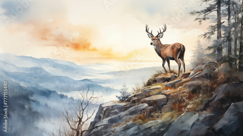 Watercolor image of a deer standing on a cliff. © Gun